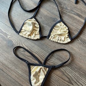 Black gold metallic bikini stripper set new outfit clubwear club thong swim